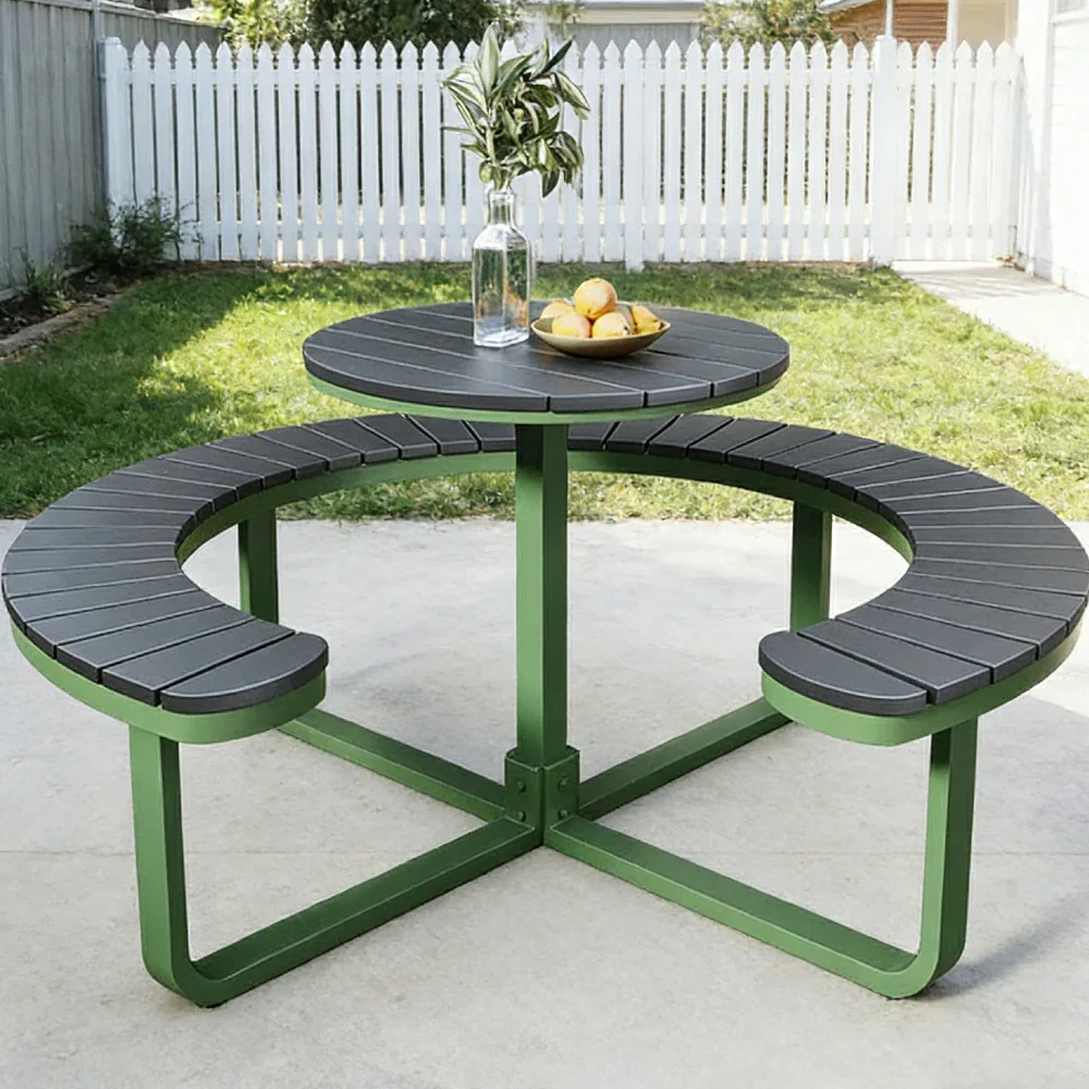 SOLARA Outdoor Round Picnic Table Set - Integrated Circular Bench Seating, Iron Frame with Wood-Plastic Slats, 150/160/180cm Garden Patio Dining Table - Green & Wood - Image 2