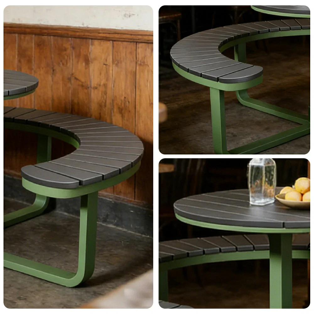 SOLARA Outdoor Round Picnic Table Set - Integrated Circular Bench Seating, Iron Frame with Wood-Plastic Slats, 150/160/180cm Garden Patio Dining Table - Green & Wood - Image 3