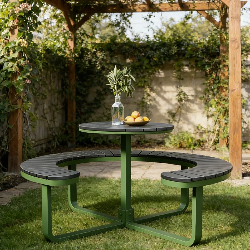 SOLARA Outdoor Round Picnic Table Set - Integrated Circular Bench Seating, Iron Frame with Wood-Plastic Slats, 150/160/180cm Garden Patio Dining Table - Green & Wood - Image 4