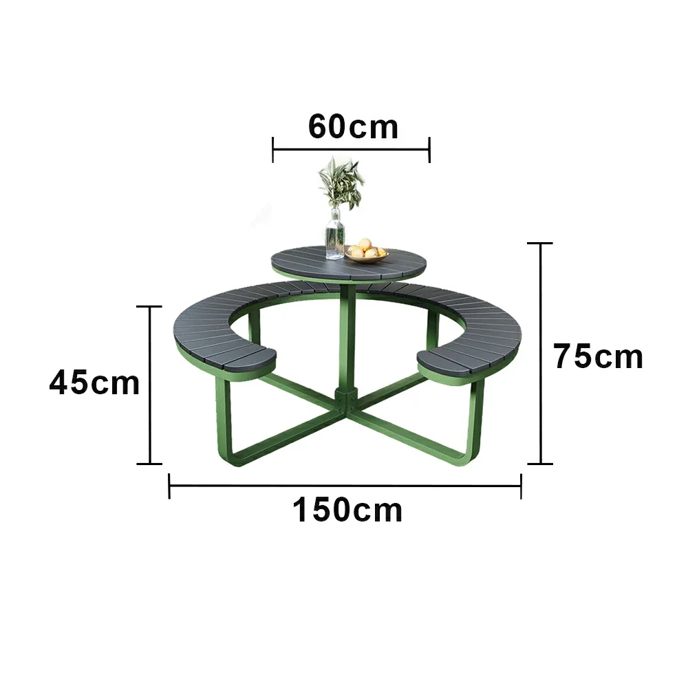 SOLARA Outdoor Round Picnic Table Set - Integrated Circular Bench Seating, Iron Frame with Wood-Plastic Slats, 150/160/180cm Garden Patio Dining Table - Green & Wood - Image 5