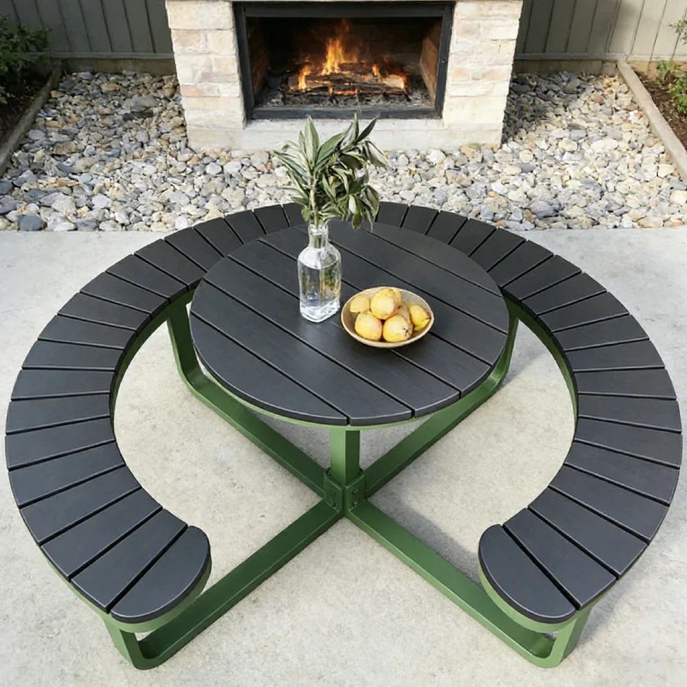 SOLARA Outdoor Round Picnic Table Set - Integrated Circular Bench Seating, Iron Frame with Wood-Plastic Slats, 150/160/180cm Garden Patio Dining Table - Green & Wood - Image 7
