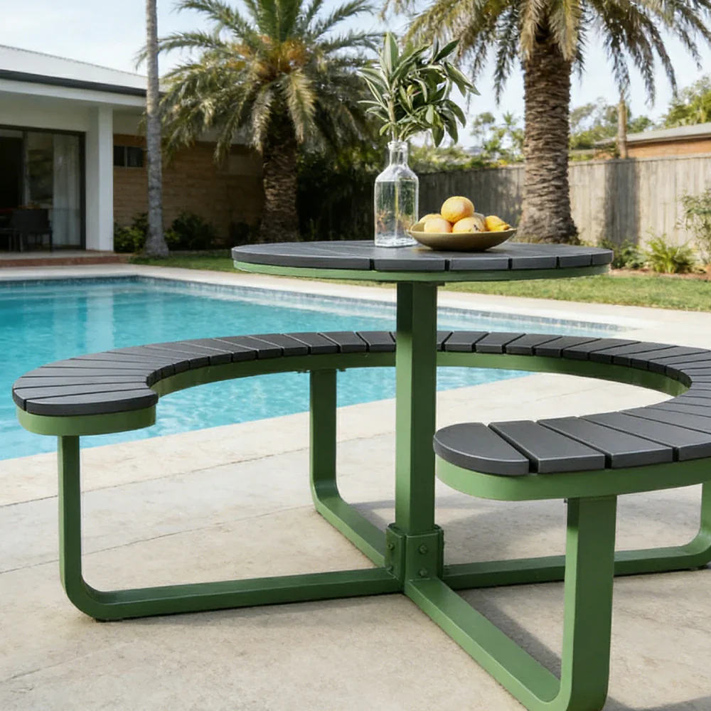 SOLARA Outdoor Round Picnic Table Set - Integrated Circular Bench Seating, Iron Frame with Wood-Plastic Slats, 150/160/180cm Garden Patio Dining Table - Green & Wood - Image 8