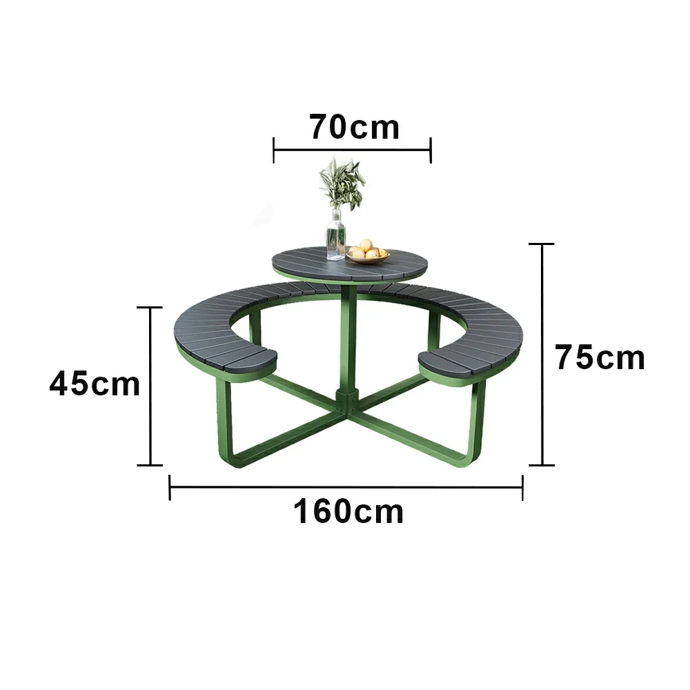 SOLARA Outdoor Round Picnic Table Set - Integrated Circular Bench Seating, Iron Frame with Wood-Plastic Slats, 150/160/180cm Garden Patio Dining Table - Green & Wood - Image 9