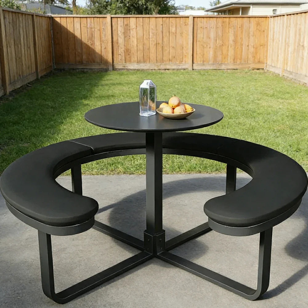 SOLARA Outdoor Round Picnic Table Set - Integrated Circular Bench Seating, Iron Surface Upholstered Seats, Iron Frame, 150/160/180cm Garden Patio Dining Table - Black - Image 2