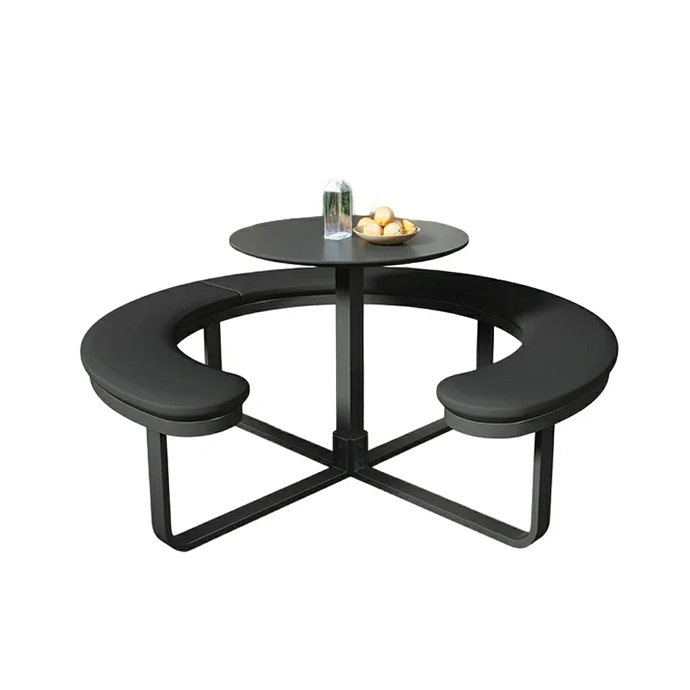 SOLARA Outdoor Round Picnic Table Set - Integrated Circular Bench Seating, Iron Surface Upholstered Seats, Iron Frame, 150/160/180cm Garden Patio Dining Table - Black - Image 4