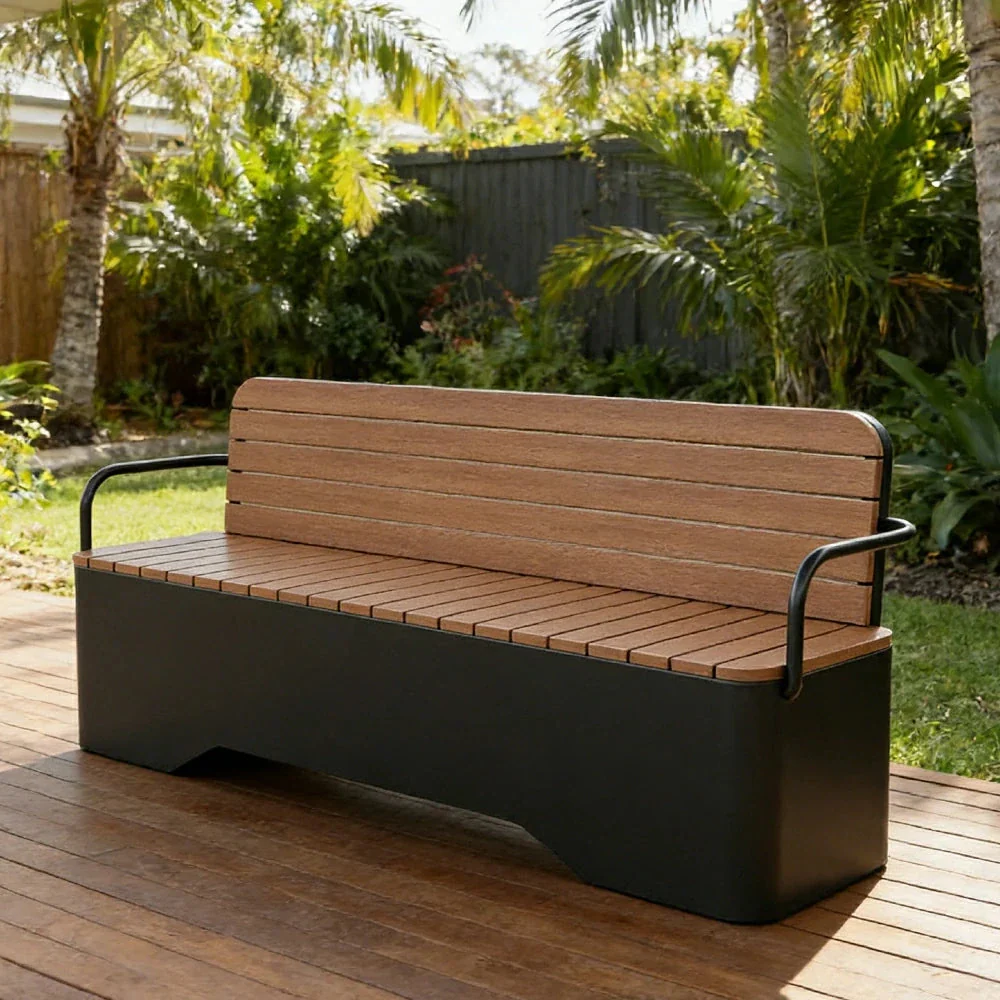 SOLARA Outdoor Garden Bench - Wood-Plastic Slatted Seat with Iron Frame, 120/150/180/200cm Patio Park Seating Bench - Black - Image 17