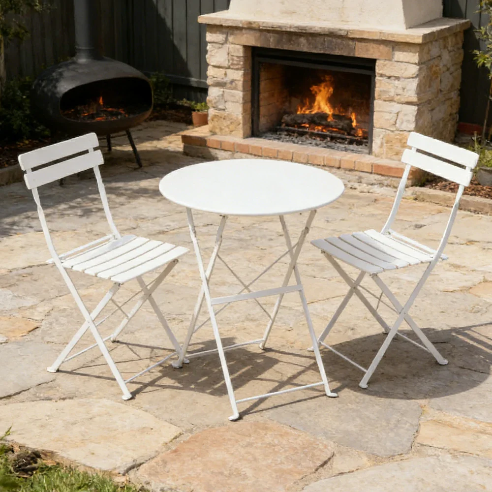 SOLARA Outdoor 1 Table 2 Chairs Bistro Set - Space-Saving Foldable Design, Durable Powder-Coated Iron Frame, Patio Balcony Garden Dining Set - White - Image 2