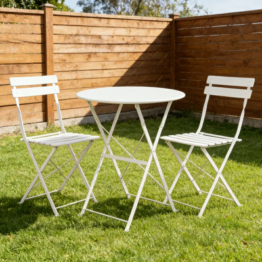 SOLARA Outdoor 1 Table 2 Chairs Bistro Set - Space-Saving Foldable Design, Durable Powder-Coated Iron Frame, Patio Balcony Garden Dining Set - White - Image 4