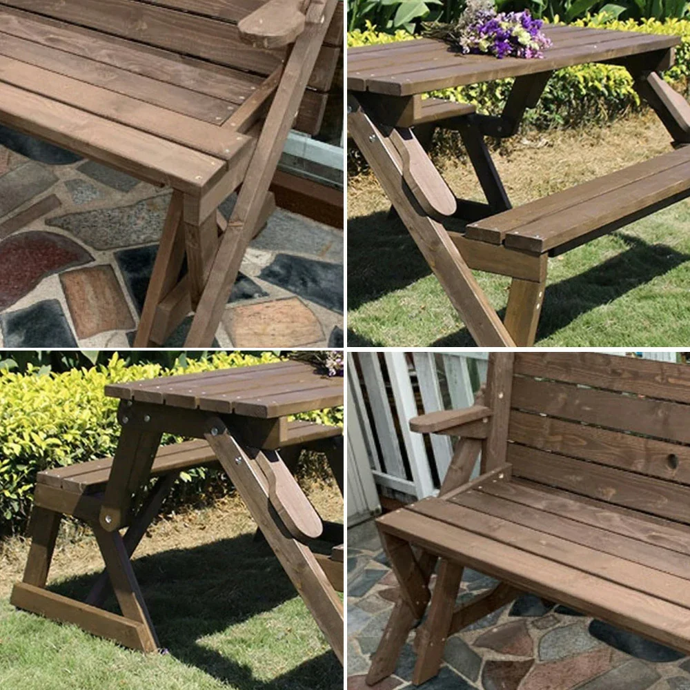 SOLARA Folding Multi-Function Table and Bench - Space-Saving Convertible 2-in-1 Outdoor Dining Set with Durable Wood Frame - Brown - Image 3