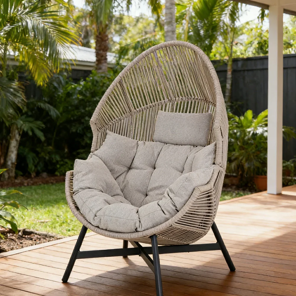 SOLARA Outdoor Rattan Lounge Chair - Wraparound Thick Cushion with Headrest, 142cm Relaxing Recliner for Patio Garden Balcony - Ivory White - Image 2