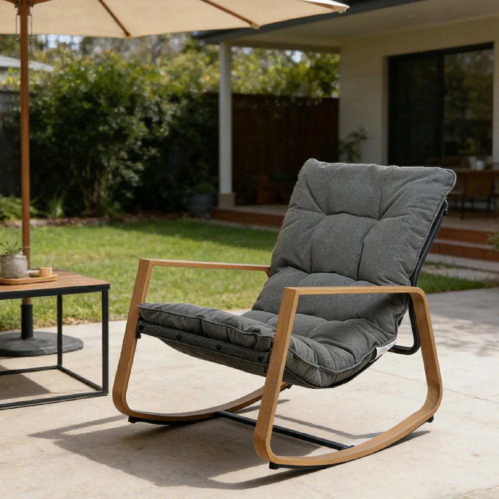 SOLARA Comfort Rocking Chair - Plush Tufted Cushion Wood-Grain Rocker Frame Relax Chair for Living Room Balcony - Grey - Image 4