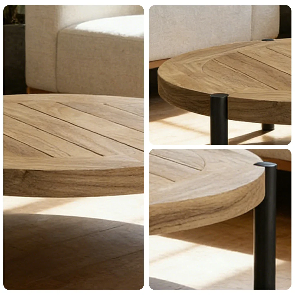 SOLARA Outdoor Round Coffee Table - Solid Teak Wood Top, Aluminium Legs, 23/35cm Height Options, Modern Patio Design - Natural - Image 3