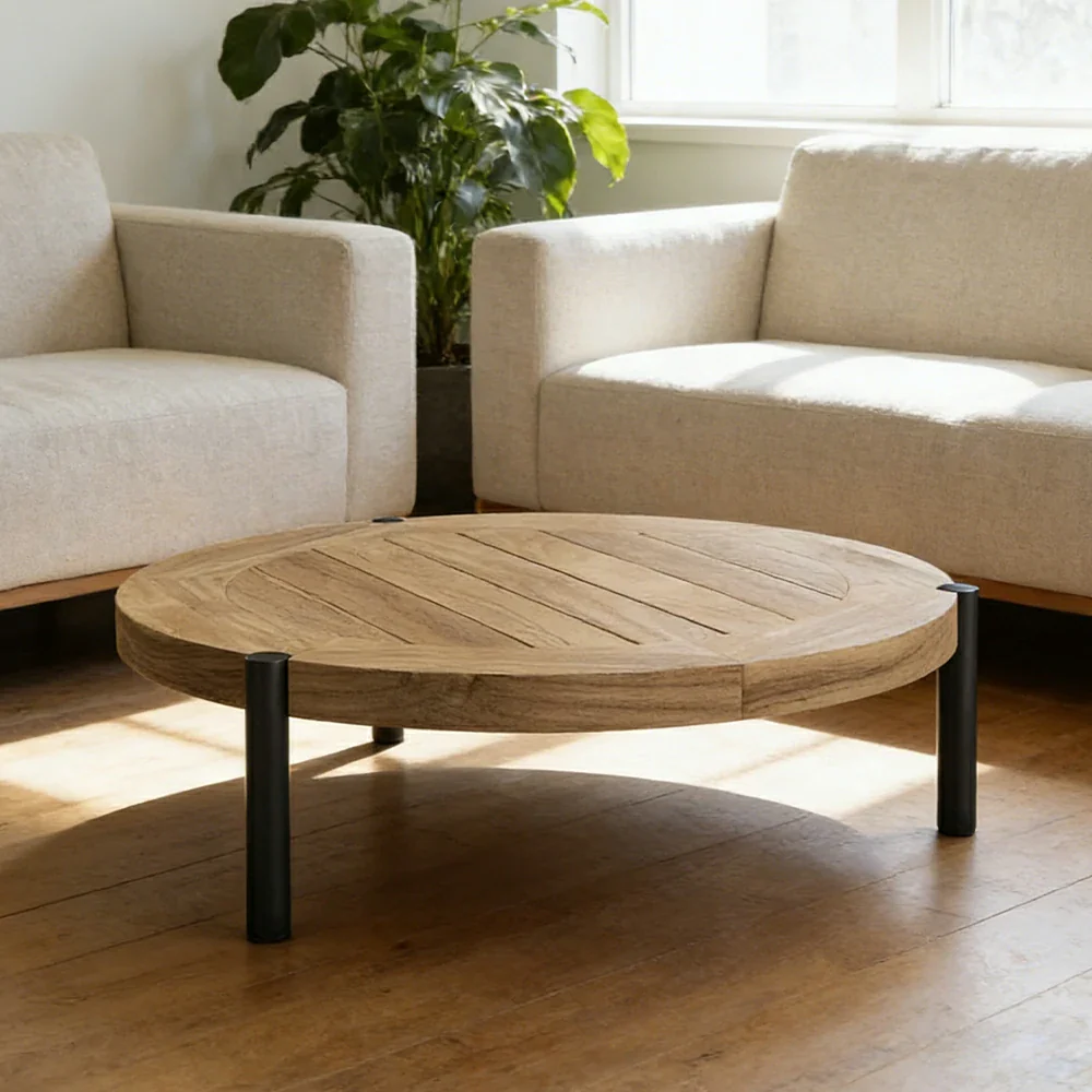 SOLARA Outdoor Round Coffee Table - Solid Teak Wood Top, Aluminium Legs, 23/35cm Height Options, Modern Patio Design - Natural - Image 5