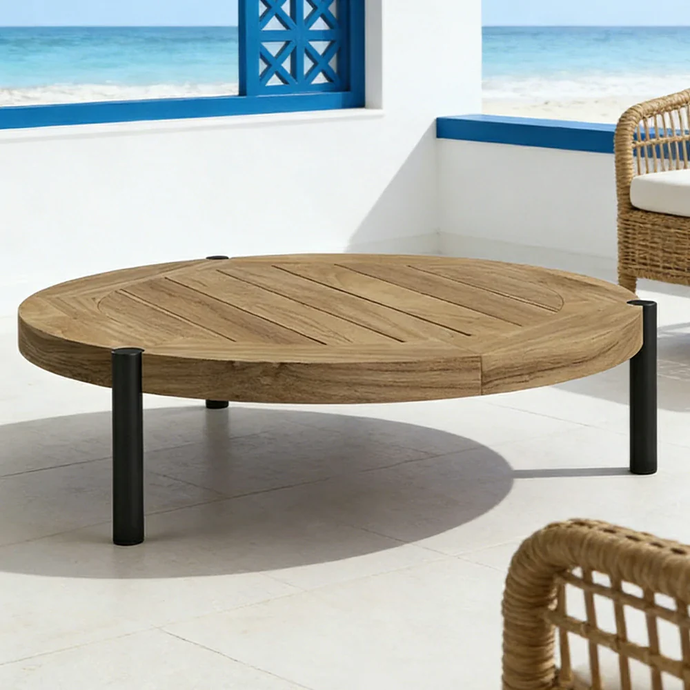 SOLARA Outdoor Round Coffee Table - Solid Teak Wood Top, Aluminium Legs, 23/35cm Height Options, Modern Patio Design - Natural - Image 7
