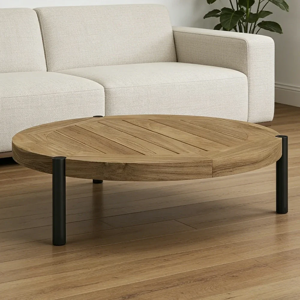 SOLARA Outdoor Round Coffee Table - Solid Teak Wood Top, Aluminium Legs, 23/35cm Height Options, Modern Patio Design - Natural - Image 9