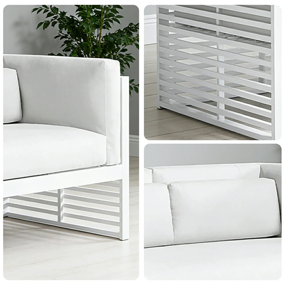 SOLARA Outdoor 2-Seater Sofa - Powder-Coated Aluminum Frame with Waterproof & UV-Resistant Cushions, Modern Slatted Patio Couch - White - Image 3