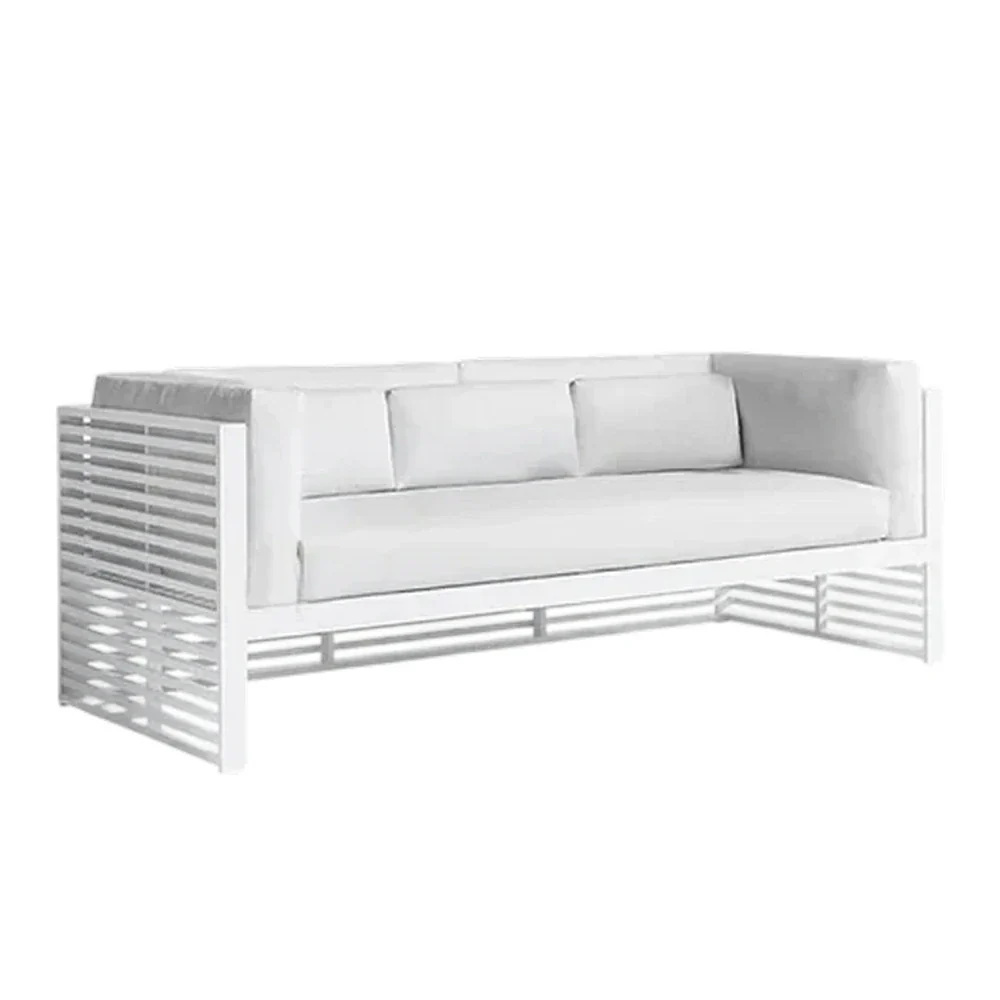 SOLARA Outdoor 3-Seater Sofa - Powder-Coated Aluminum Frame with Waterproof & UV-Resistant Cushions, Modern Slatted Patio Couch - White