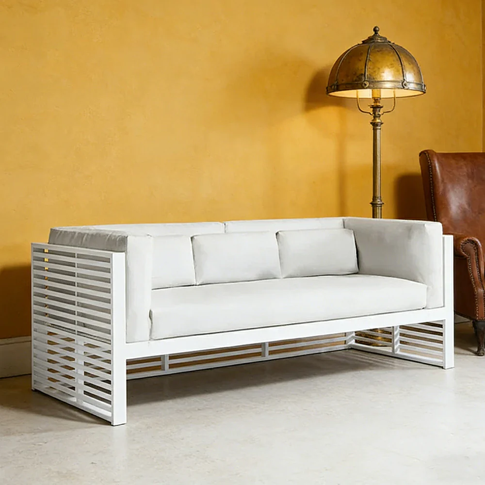 SOLARA Outdoor 3-Seater Sofa - Powder-Coated Aluminum Frame with Waterproof & UV-Resistant Cushions, Modern Slatted Patio Couch - White - Image 2
