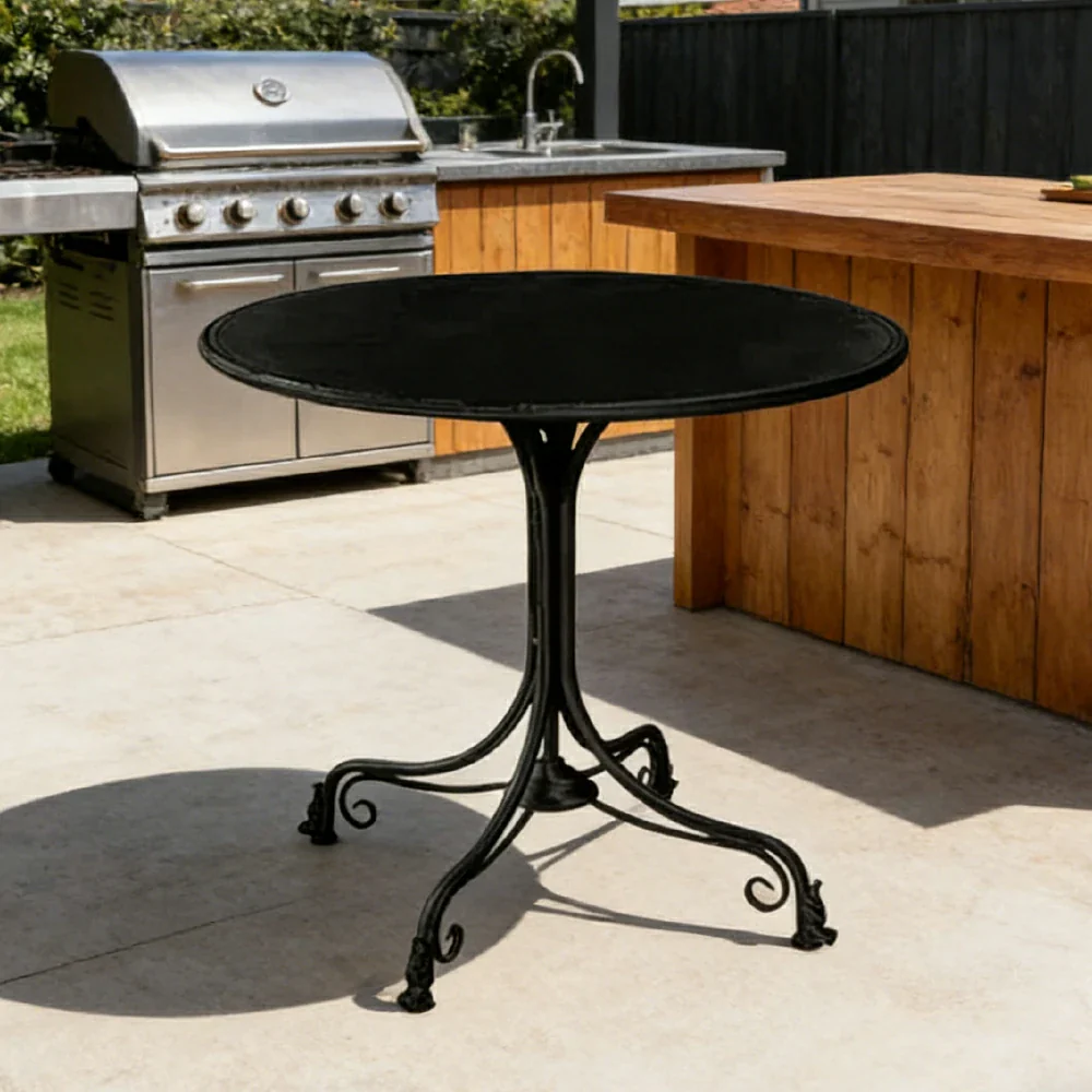 SOLARA 60/80cm Round Dining Table - Vintage French Style Design, Spacious Tabletop with Sturdy Iron Legs, Patio Balcony Indoor Dining Table - Black - Image 2