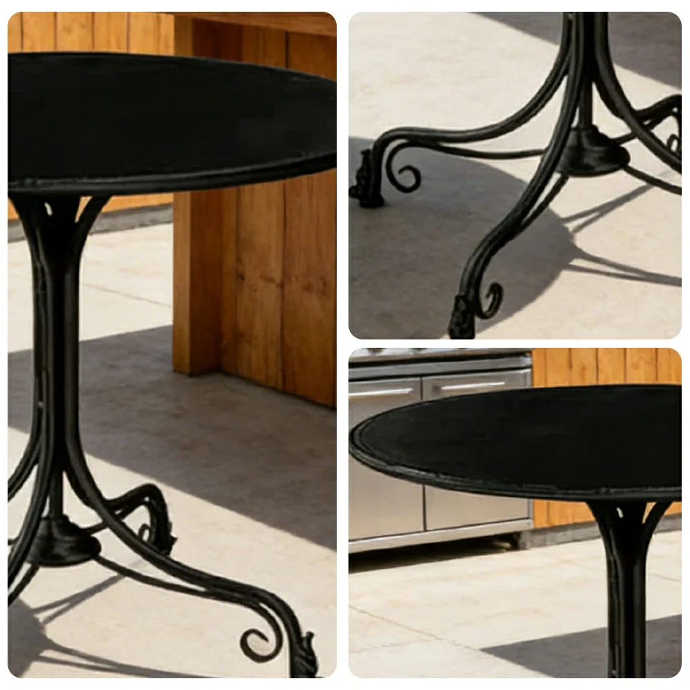 SOLARA 60/80cm Round Dining Table - Vintage French Style Design, Spacious Tabletop with Sturdy Iron Legs, Patio Balcony Indoor Dining Table - Black - Image 3