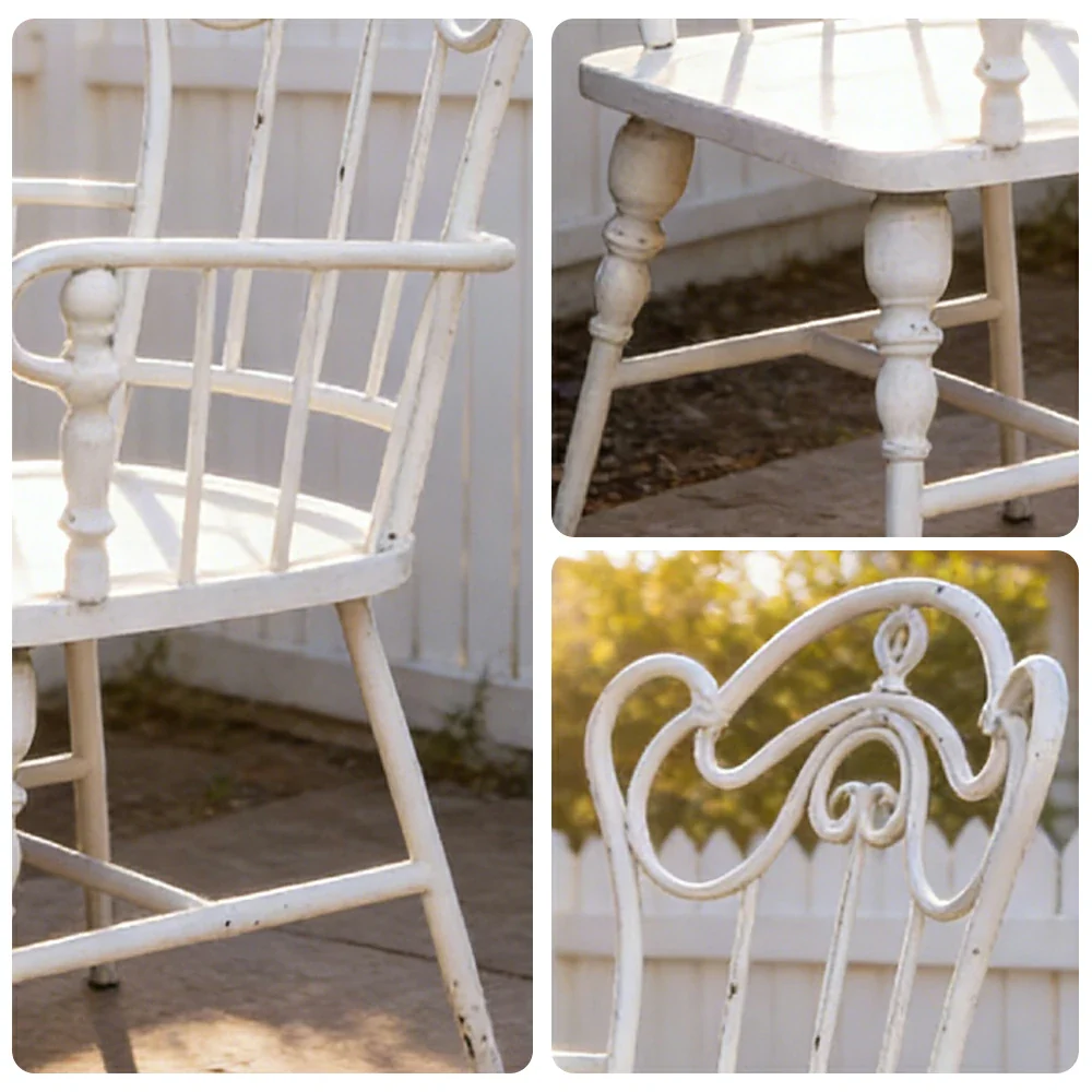 SOLARA Vintage Backrest Chair - Solid Fir Wood Seat, Durable Iron Frame, French Retro Style, Stable Patio Balcony Dining Chair - White - Image 3