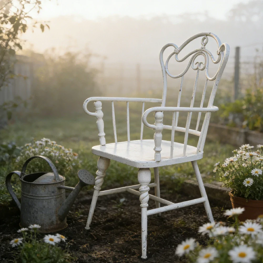 SOLARA Vintage Backrest Chair - Solid Fir Wood Seat, Durable Iron Frame, French Retro Style, Stable Patio Balcony Dining Chair - White - Image 4