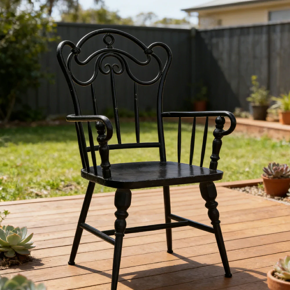 SOLARA Vintage Backrest Chair - Solid Fir Wood Seat, Durable Iron Frame, French Retro Style, Stable Patio Balcony Dining Chair - Black - Image 4