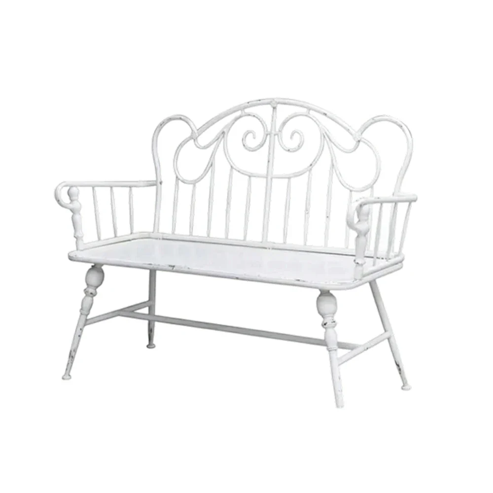 SOLARA Vintage Backrest Bench - Solid Fir Wood Seat, Durable Iron Frame, French Retro Style, Stable Patio Balcony Dining Chair - White