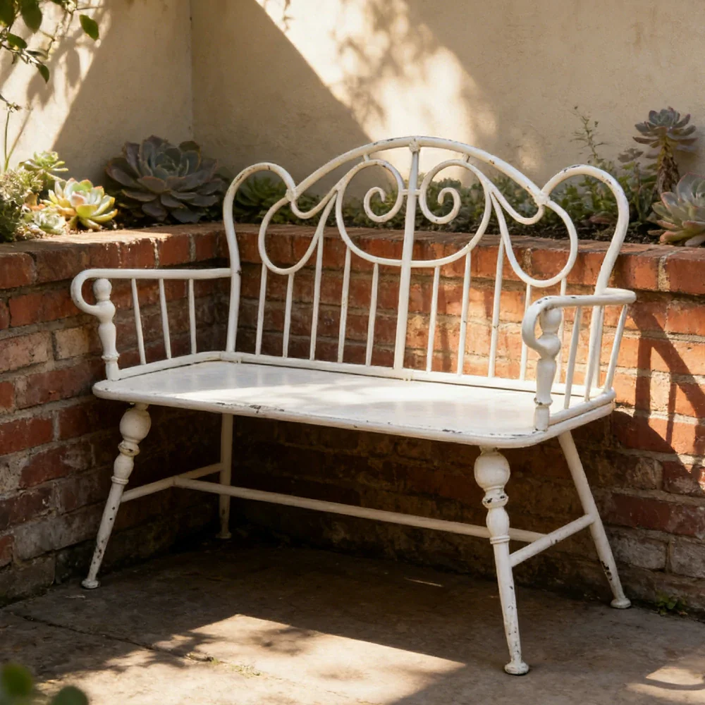 SOLARA Vintage Backrest Bench - Solid Fir Wood Seat, Durable Iron Frame, French Retro Style, Stable Patio Balcony Dining Chair - White - Image 2