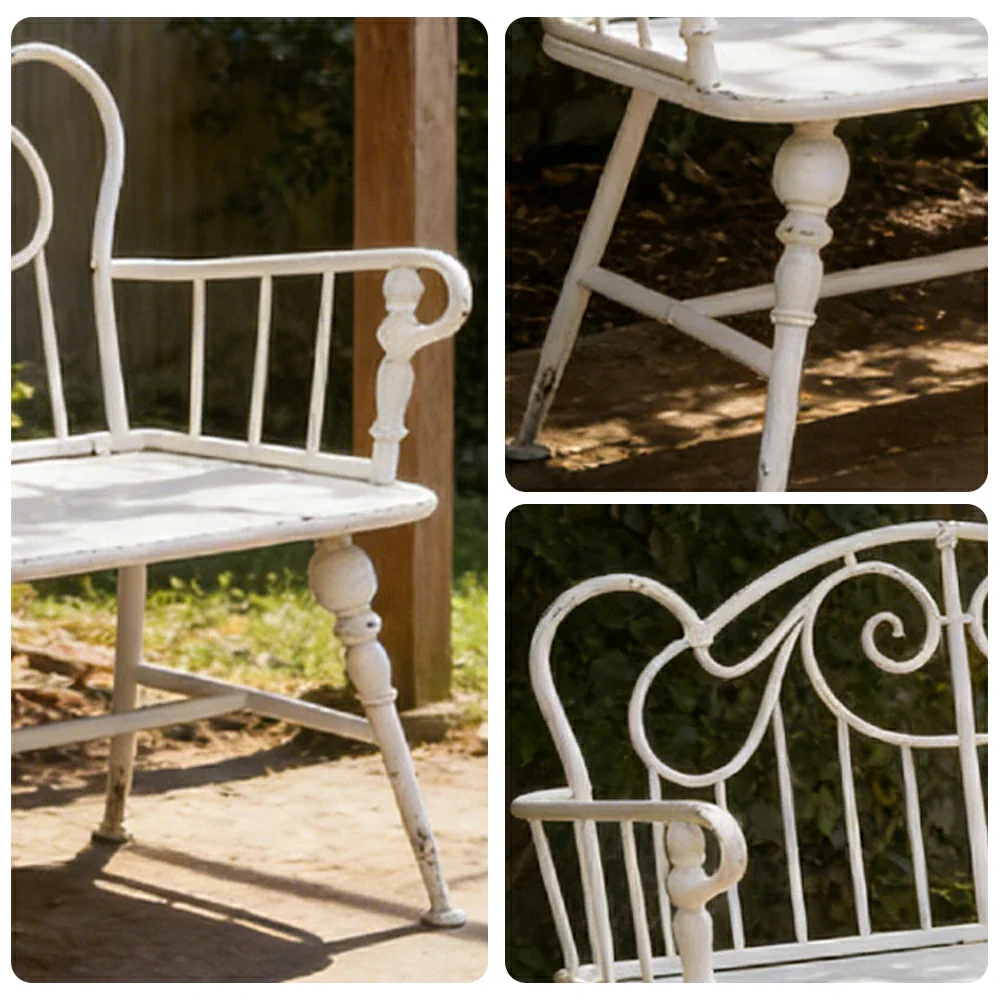 SOLARA Vintage Backrest Bench - Solid Fir Wood Seat, Durable Iron Frame, French Retro Style, Stable Patio Balcony Dining Chair - White - Image 3
