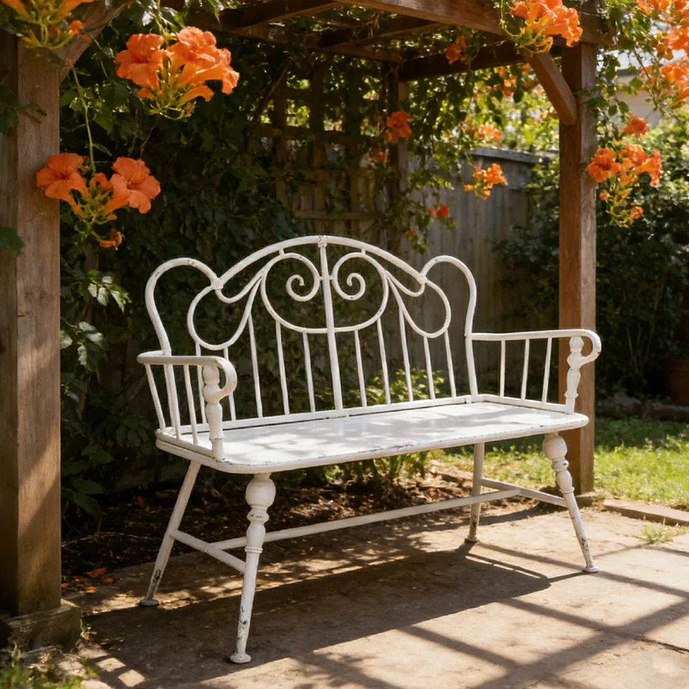 SOLARA Vintage Backrest Bench - Solid Fir Wood Seat, Durable Iron Frame, French Retro Style, Stable Patio Balcony Dining Chair - White - Image 4
