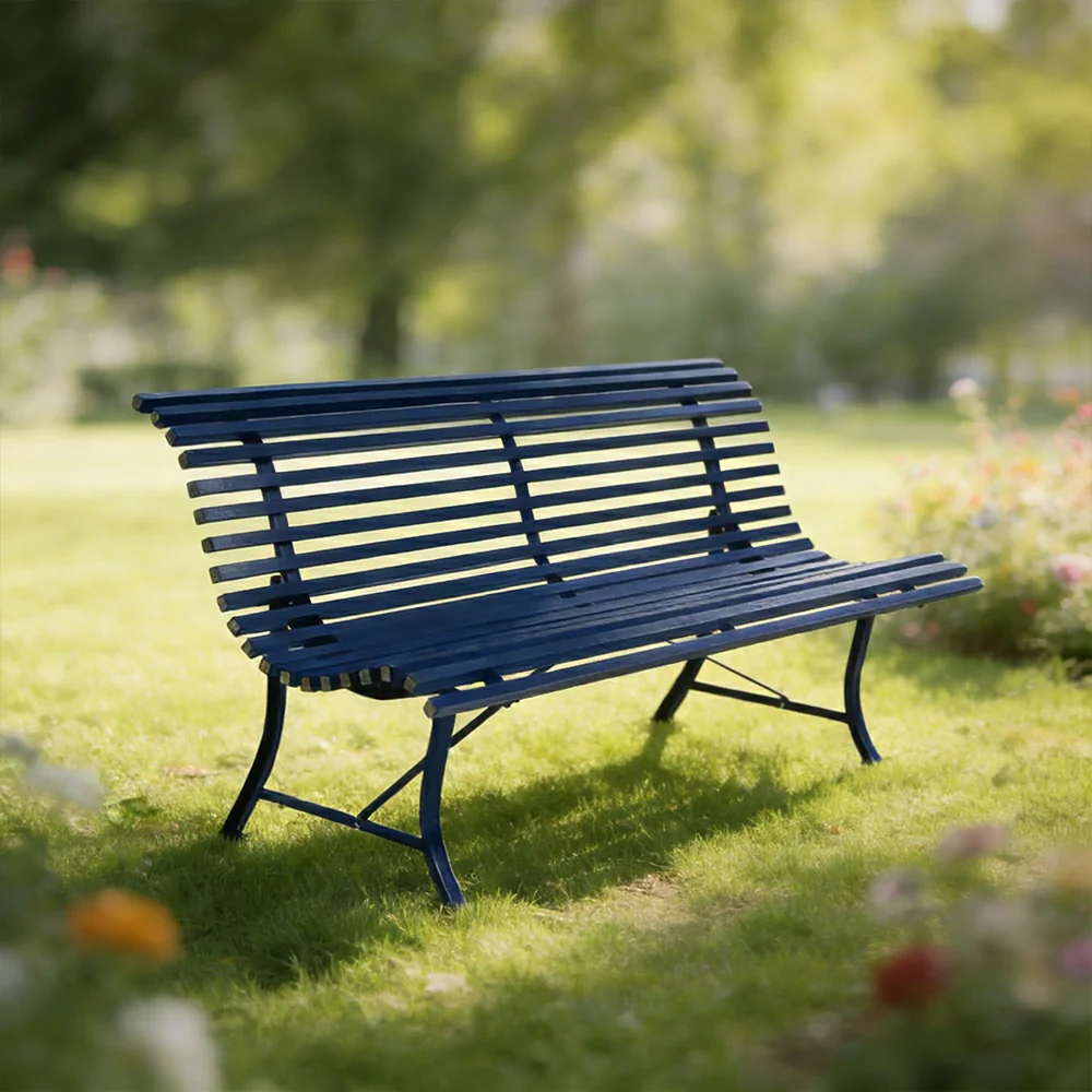 SOLARA 150/200cm Outdoor Bench - High-Strength Iron Frame, Weather-Resistant Coating, Modern Curved Design, Perfect for Gardens, Patios & Commercial Spaces - Blue - Image 2