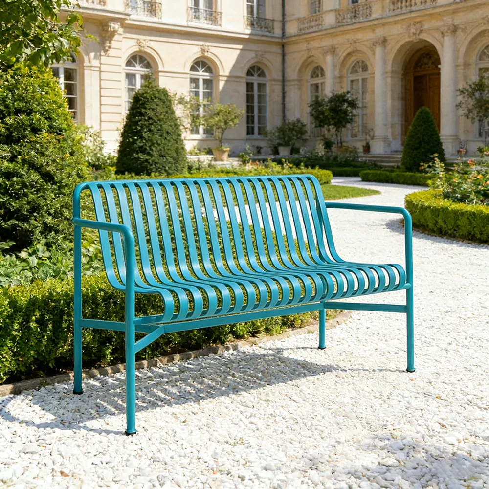 SOLARA Outdoor Metal Seating Collection - Bench, Lounger, Bar Stool & Dining Chair, Heavy-Duty Steel Frame, Weather-Resistant Finish - Light Blue - Image 19