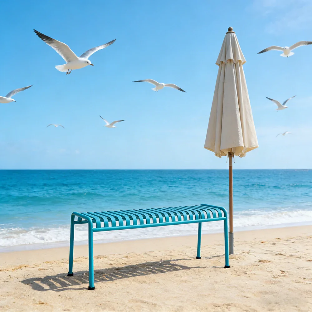 SOLARA Outdoor Metal Seating Collection - Bench, Lounger, Bar Stool & Dining Chair, Heavy-Duty Steel Frame, Weather-Resistant Finish - Light Blue - Image 2