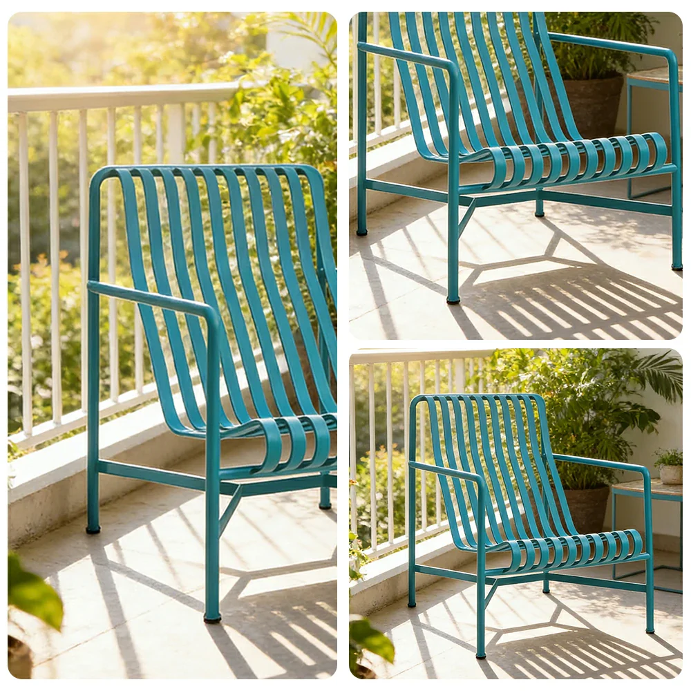 SOLARA Outdoor Metal Seating Collection - Bench, Lounger, Bar Stool & Dining Chair, Heavy-Duty Steel Frame, Weather-Resistant Finish - Light Blue - Image 28