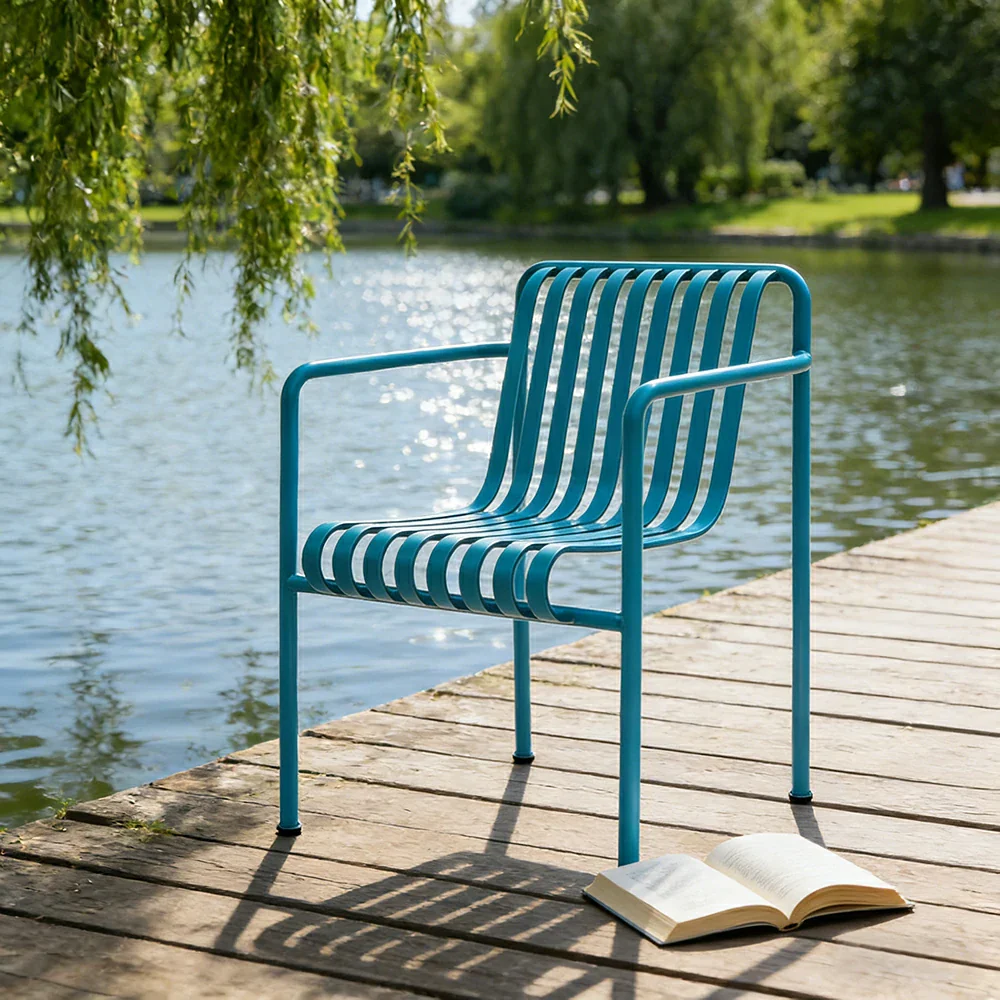 SOLARA Outdoor Metal Seating Collection - Bench, Lounger, Bar Stool & Dining Chair, Heavy-Duty Steel Frame, Weather-Resistant Finish - Light Blue - Image 39
