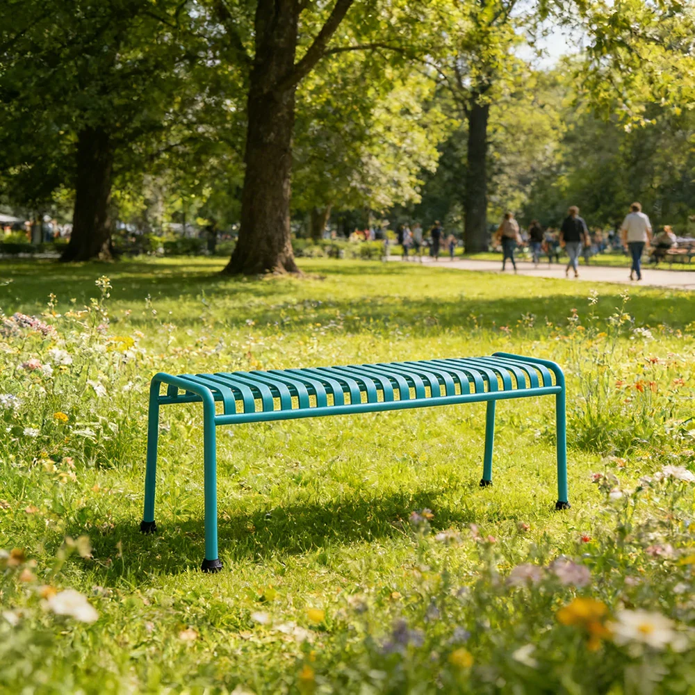 SOLARA Outdoor Metal Seating Collection - Bench, Lounger, Bar Stool & Dining Chair, Heavy-Duty Steel Frame, Weather-Resistant Finish - Light Blue - Image 4