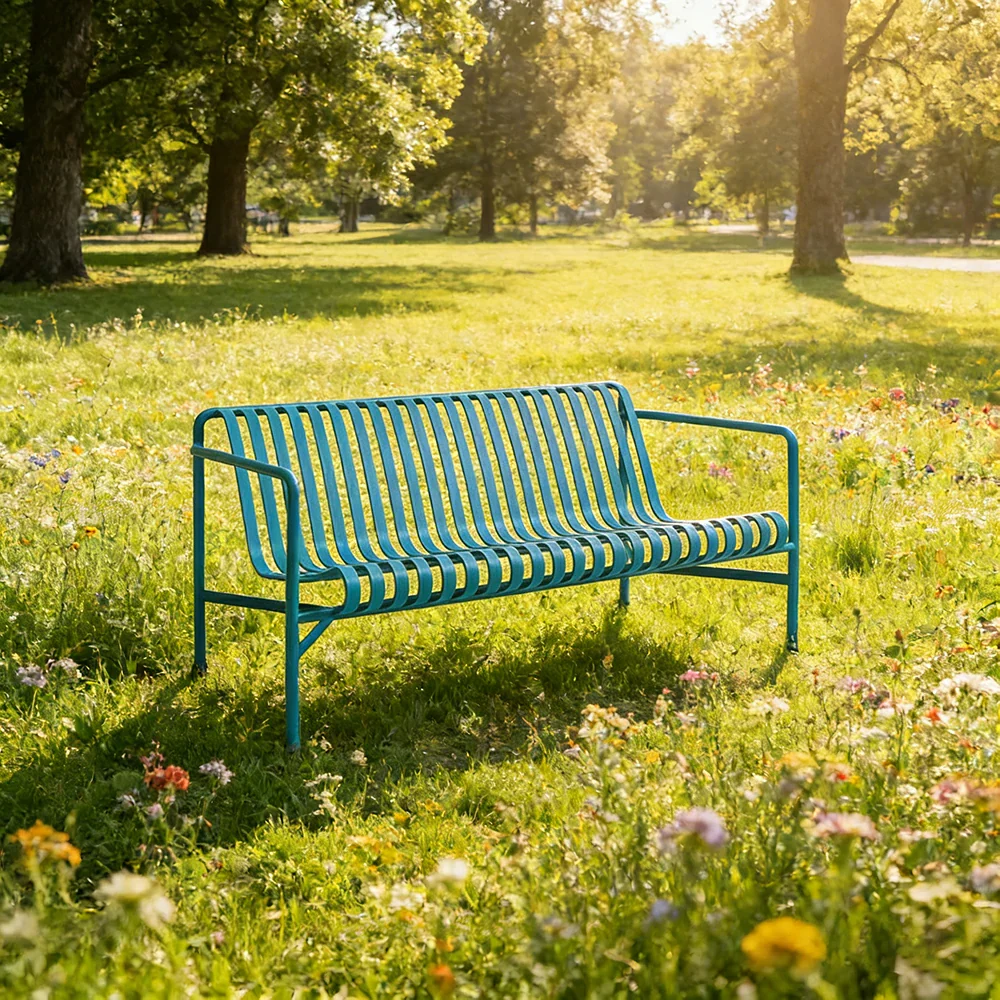 SOLARA Outdoor Metal Seating Collection - Bench, Lounger, Bar Stool & Dining Chair, Heavy-Duty Steel Frame, Weather-Resistant Finish - Light Blue - Image 9