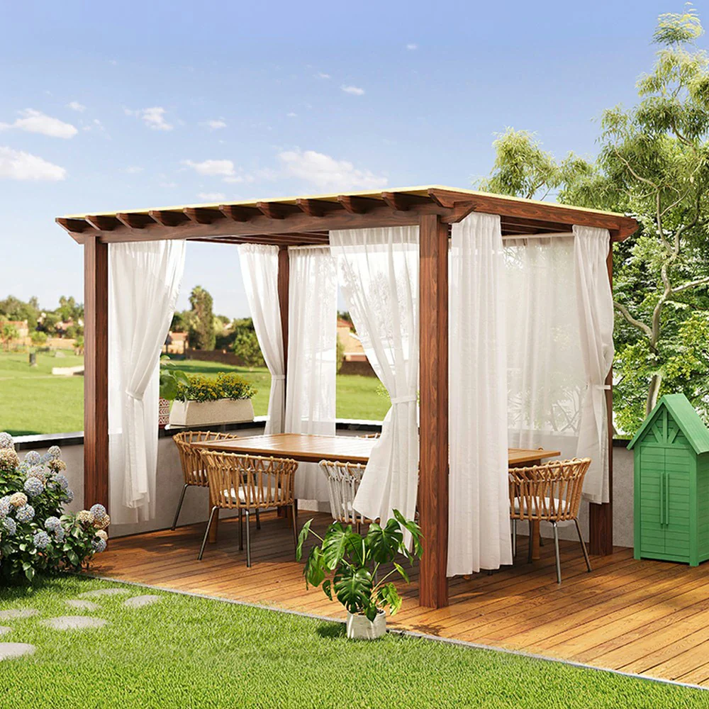 SOLARA Outdoor Pergola Canopy - Finnish Solid Wood Frame with Waterproof Curtain, 3m x 3m Garden & Patio Sunshade Pavilion - Brown - Image 2