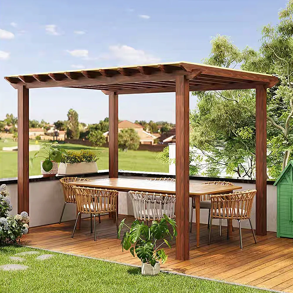 SOLARA Outdoor Pergola Canopy - Finnish Solid Wood Frame with Waterproof Curtain, 3m x 3m Garden & Patio Sunshade Pavilion - Brown - Image 4