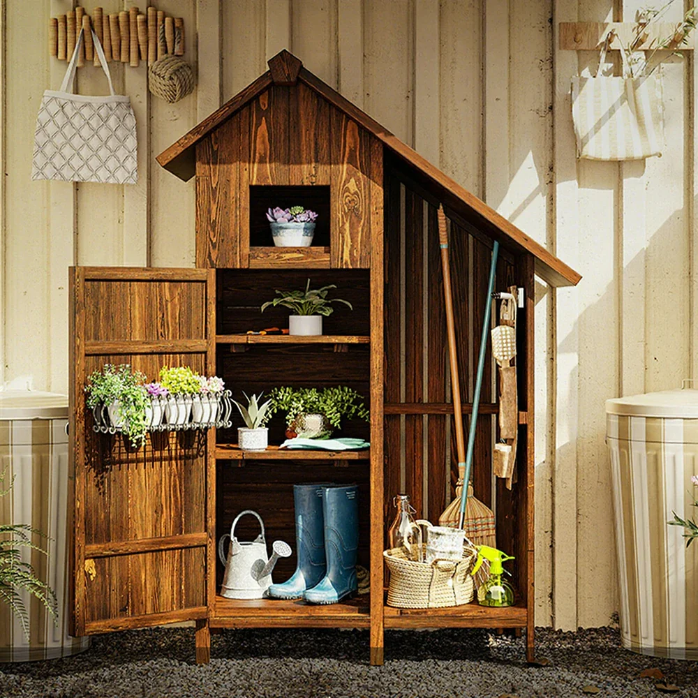 SOLARA Outdoor Tool Shed - Solid Wood Storage House with Multi-Shelf Design, Weather-Resistant Garden & Patio Organizer - Brown - Image 2