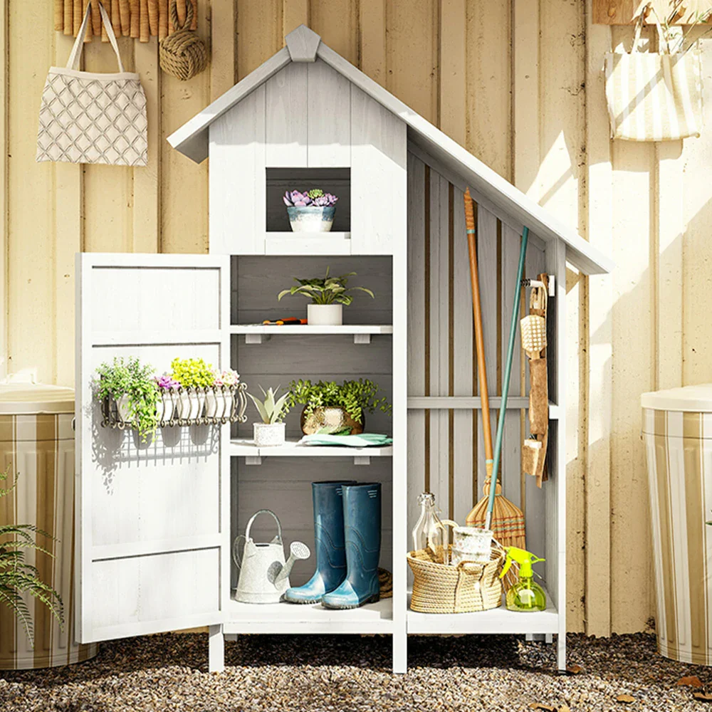 SOLARA Outdoor Tool Shed - Solid Wood Storage House with Multi-Shelf Design, Weather-Resistant Garden & Patio Organizer - White - Image 2