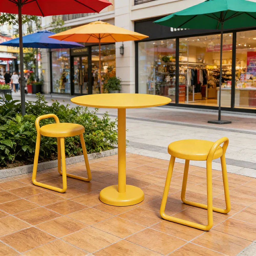 SOLARA 60/80cm Outdoor Table and 2 Chairs Set - Weather Resistant Patio Bistro Set with Heavy Duty Iron Frame, Rust Resistant Coating - Yellow - Image 2