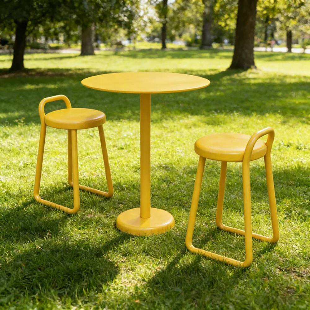 SOLARA 60/80cm Outdoor Table and 2 Chairs Set - Weather Resistant Patio Bistro Set with Heavy Duty Iron Frame, Rust Resistant Coating - Yellow - Image 4