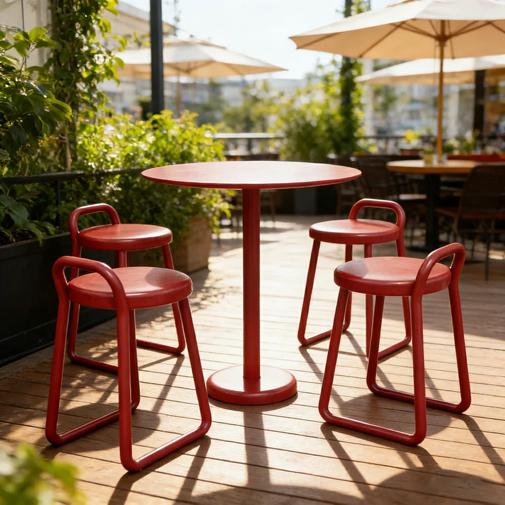 SOLARA 60/80cm Outdoor Table and 4 Chairs Set - Weather Resistant Patio Bistro Set with Heavy Duty Iron Frame, Rust Resistant Coating - Red - Image 4