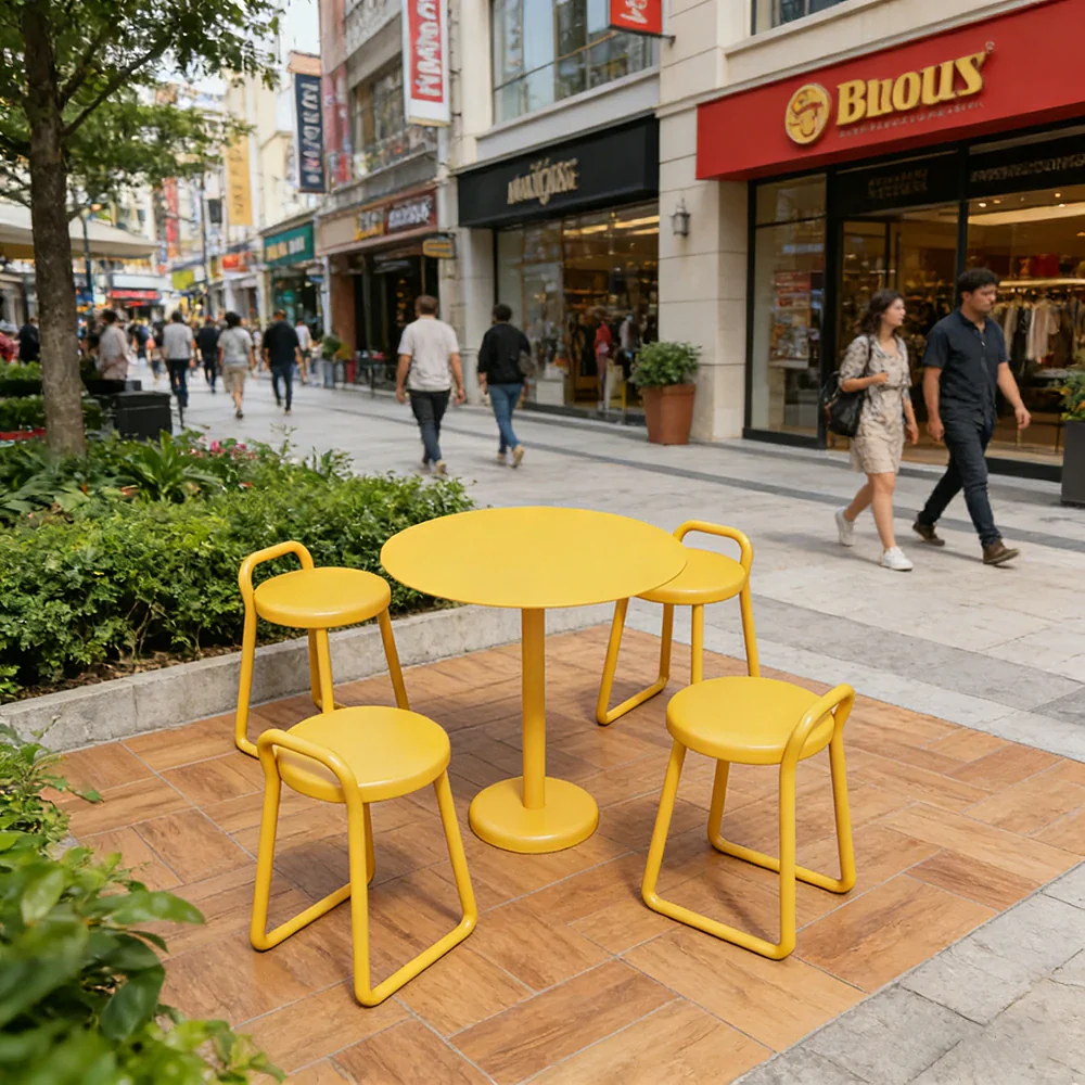 SOLARA 60/80cm Outdoor Table and 4 Chairs Set - Weather Resistant Patio Bistro Set with Heavy Duty Iron Frame, Rust Resistant Coating - Yellow - Image 2