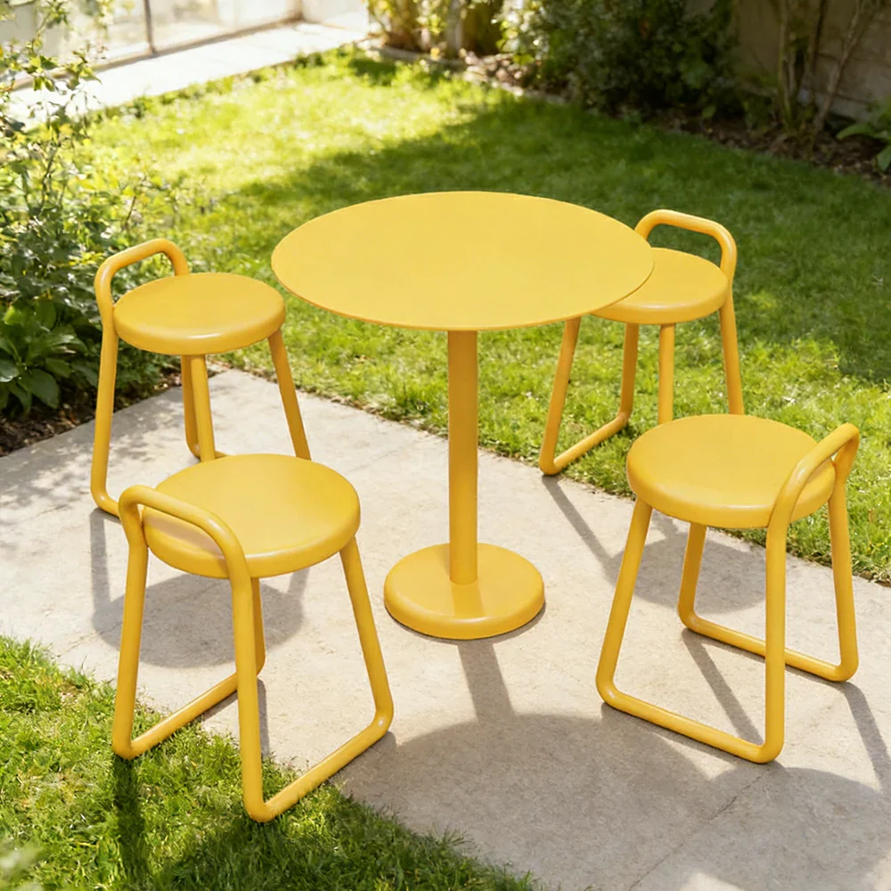 SOLARA 60/80cm Outdoor Table and 4 Chairs Set - Weather Resistant Patio Bistro Set with Heavy Duty Iron Frame, Rust Resistant Coating - Yellow - Image 4