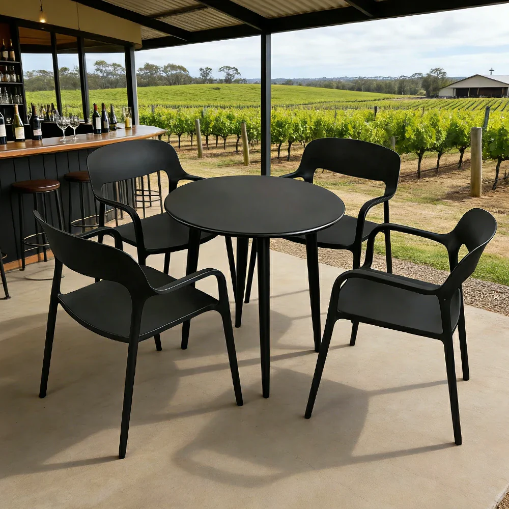 SOLARA Outdoor 4 Chairs 1 Round Table Set - Weather-Resistant Carbon Steel Table with Reinforced PP Chairs, Wide Comfortable Seating Patio Set - Black - Image 2
