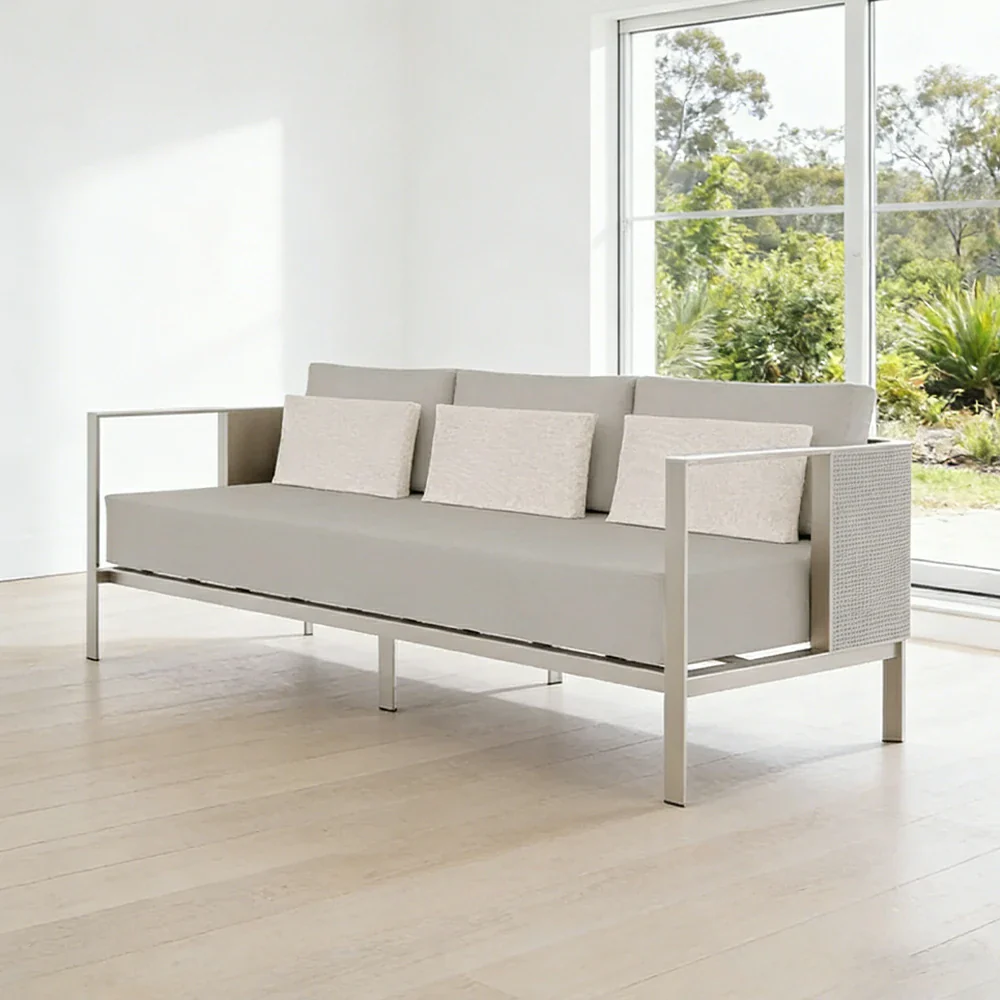 SOLARA Outdoor 3-Seater Sofa - Waterproof Fabric Cushions, Full Stainless Steel Frame, Rust-Resistant & Durable Patio Lounge - Beige - Image 4
