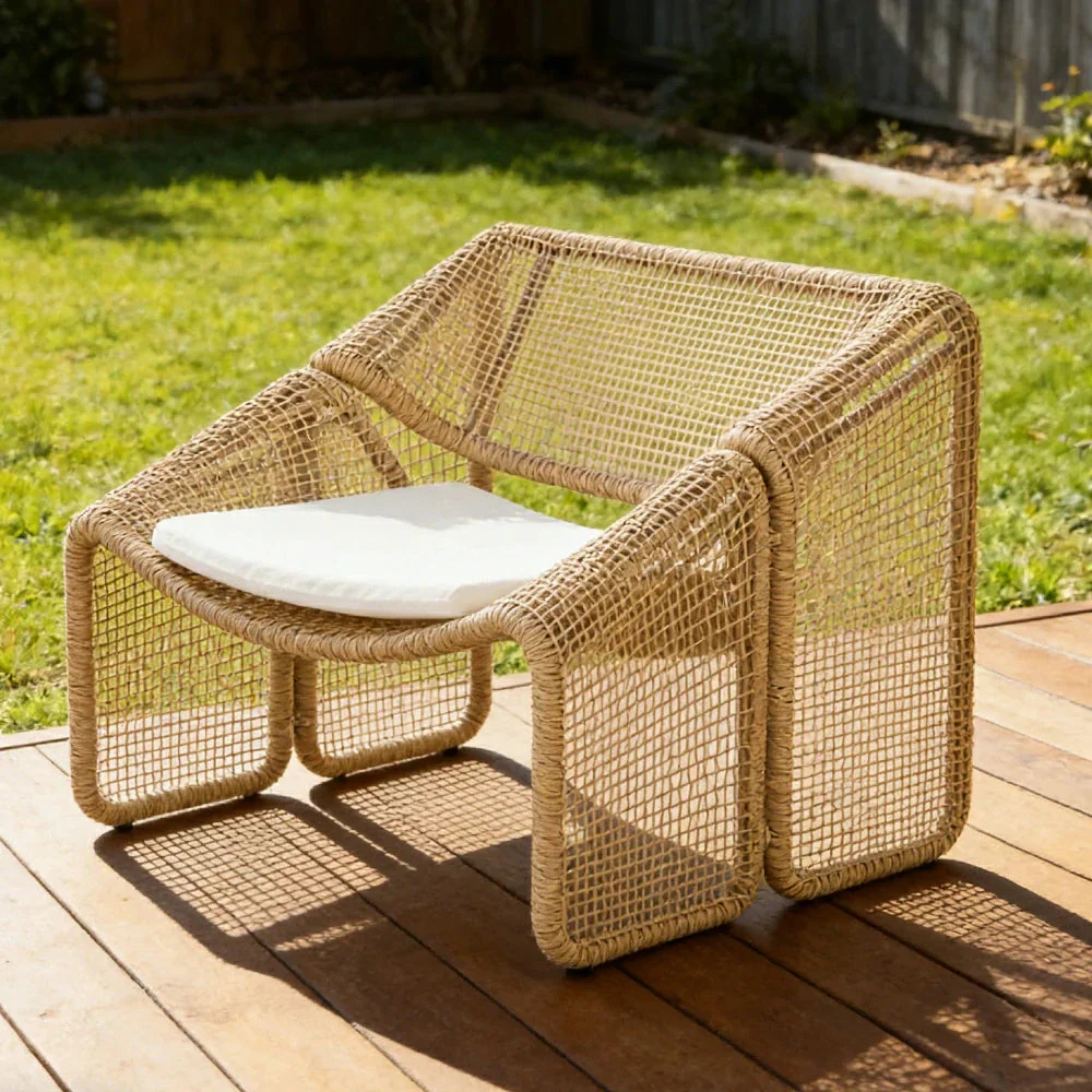 SOLARA Outdoor Rattan Armchair - Ergonomic Comfort Cushion, Powder-Coated Aluminium Frame, Square-Weave Rattan Patio Lounge Chair - Natural - Image 2